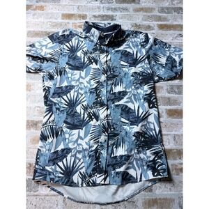 Fried Denim Men Slim Fit Tropical Palm Leaf Print Short Sleeve Button Down Shirt